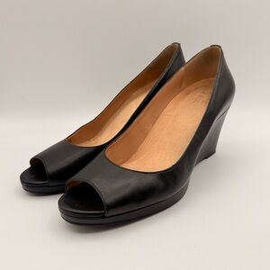 Naturalizer Olivia Black Leather Peep Toe Wedge Heels Comfort Work Pumps Wms 11M